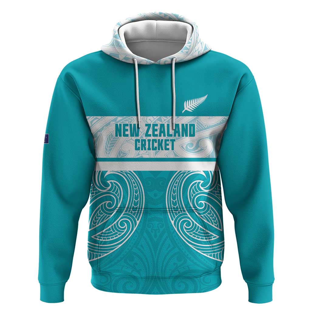 New Zealand Silver Fern Cricket Custom Zip Hoodie Black Cap Teal Maori Pattern - Polynesian Pride