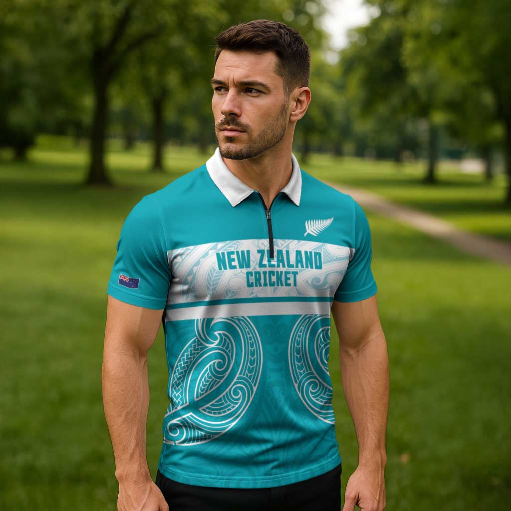 New Zealand Silver Fern Cricket Custom Zipper Polo Shirt Black Cap Teal Maori Pattern - Polynesian Pride