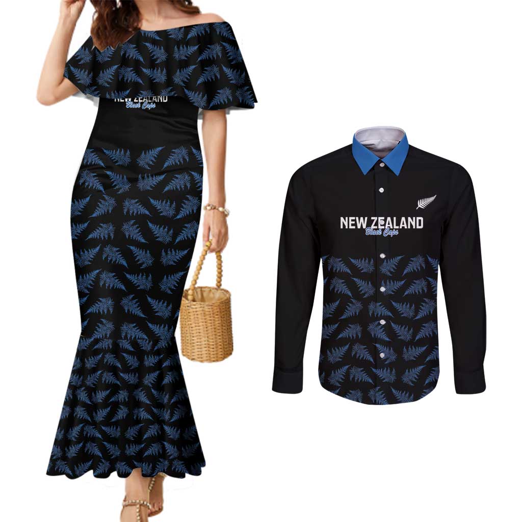 New Zealand Silver Fern Cricket Custom Couples Matching Mermaid Dress and Long Sleeve Button Shirt Black Cap T20 Version - Polynesian Pride