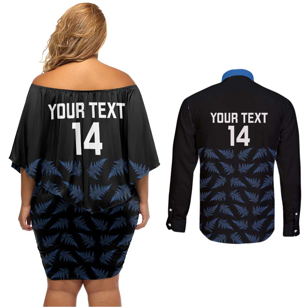 New Zealand Silver Fern Cricket Custom Couples Matching Off Shoulder Short Dress and Long Sleeve Button Shirt Black Cap T20 Version - Polynesian Pride
