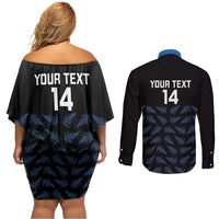 New Zealand Silver Fern Cricket Custom Couples Matching Off Shoulder Short Dress and Long Sleeve Button Shirt Black Cap T20 Version - Polynesian Pride