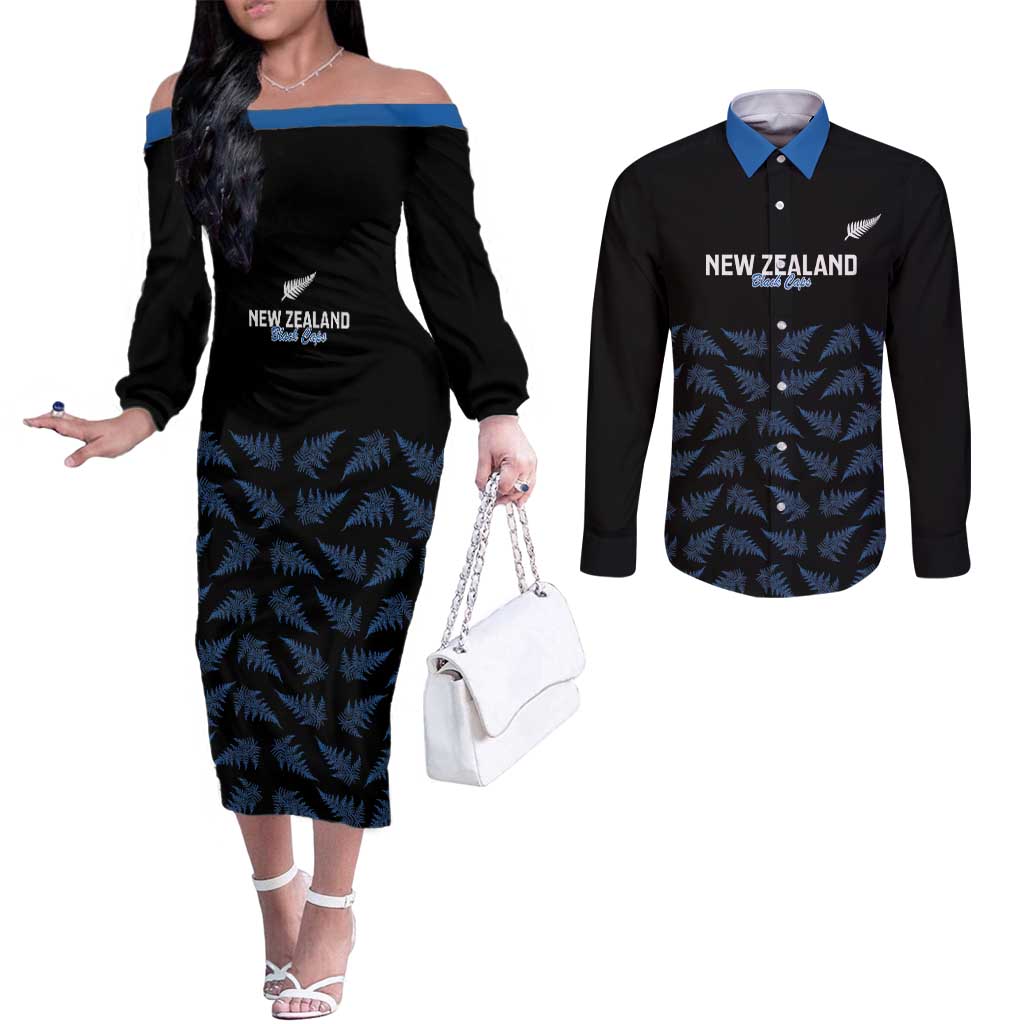 New Zealand Silver Fern Cricket Custom Couples Matching Off The Shoulder Long Sleeve Dress and Long Sleeve Button Shirt Black Cap T20 Version LT14 Black - Polynesian Pride