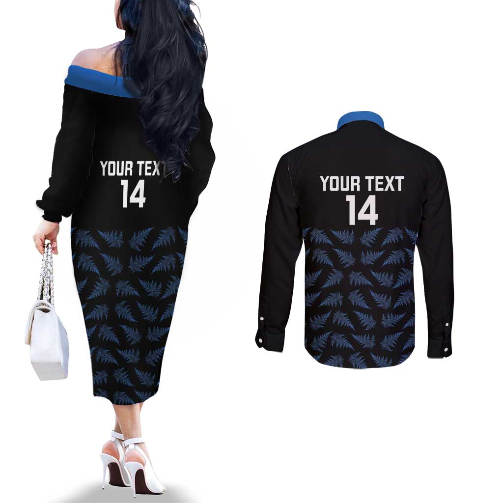 New Zealand Silver Fern Cricket Custom Couples Matching Off The Shoulder Long Sleeve Dress and Long Sleeve Button Shirt Black Cap T20 Version LT14 - Polynesian Pride