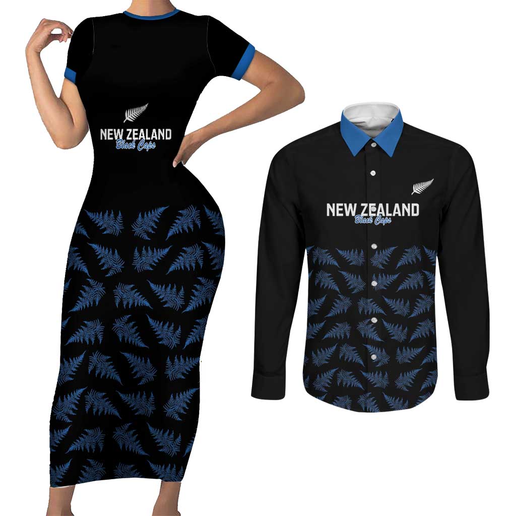 New Zealand Silver Fern Cricket Custom Couples Matching Short Sleeve Bodycon Dress and Long Sleeve Button Shirt Black Cap T20 Version - Polynesian Pride