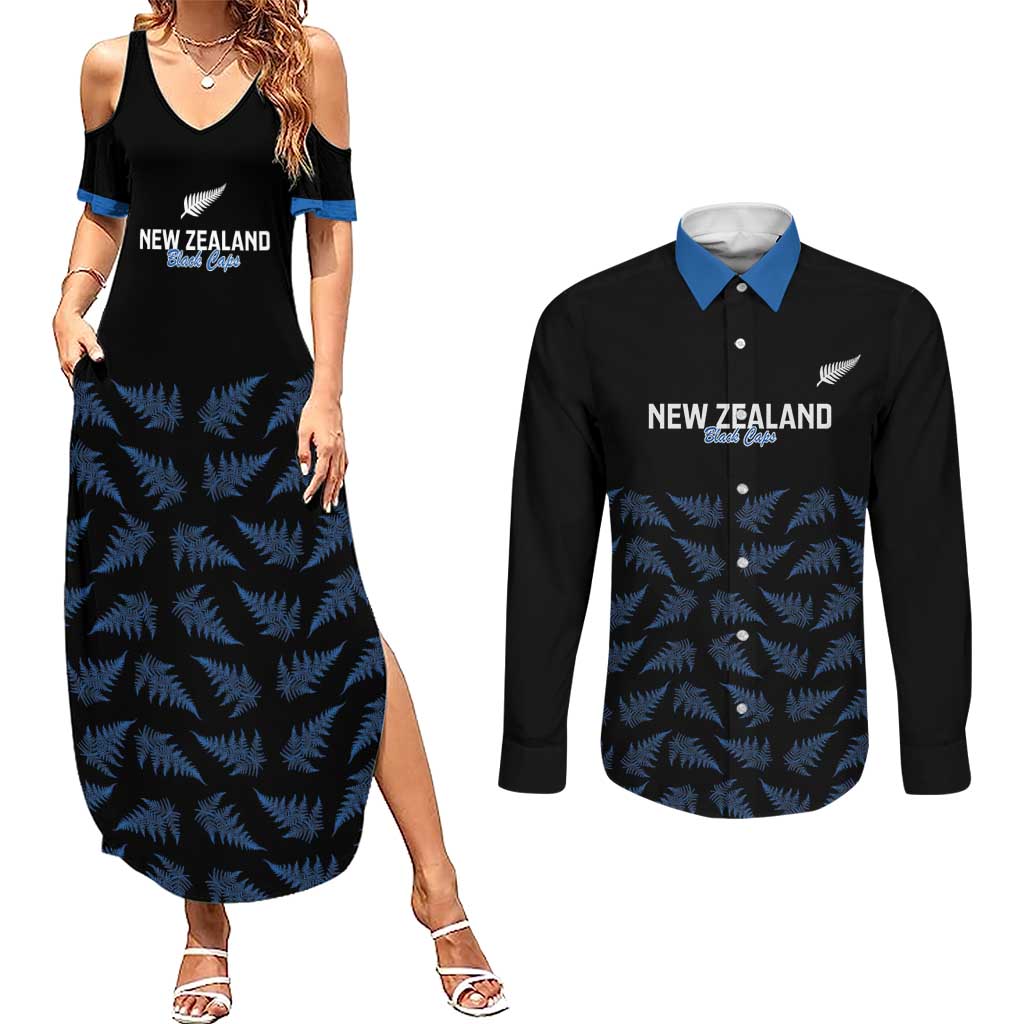 New Zealand Silver Fern Cricket Custom Couples Matching Summer Maxi Dress and Long Sleeve Button Shirt Black Cap T20 Version - Polynesian Pride