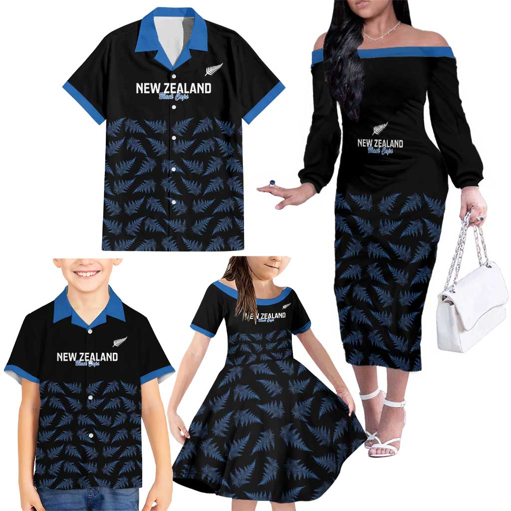 New Zealand Silver Fern Cricket Custom Family Matching Off The Shoulder Long Sleeve Dress and Hawaiian Shirt Black Cap T20 Version LT14 - Polynesian Pride