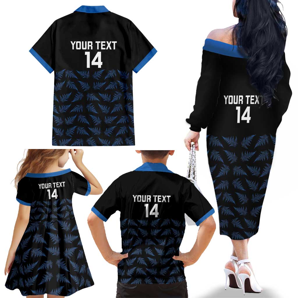 New Zealand Silver Fern Cricket Custom Family Matching Off The Shoulder Long Sleeve Dress and Hawaiian Shirt Black Cap T20 Version LT14 - Polynesian Pride