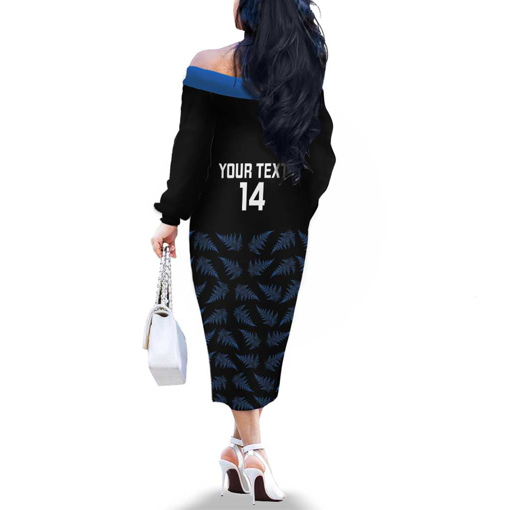 New Zealand Silver Fern Cricket Custom Family Matching Off The Shoulder Long Sleeve Dress and Hawaiian Shirt Black Cap T20 Version LT14 - Polynesian Pride