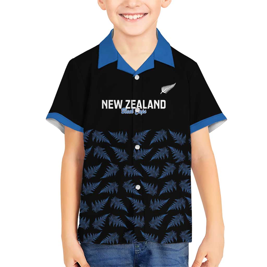 New Zealand Silver Fern Cricket Custom Family Matching Off The Shoulder Long Sleeve Dress and Hawaiian Shirt Black Cap T20 Version LT14 Son's Shirt Black - Polynesian Pride