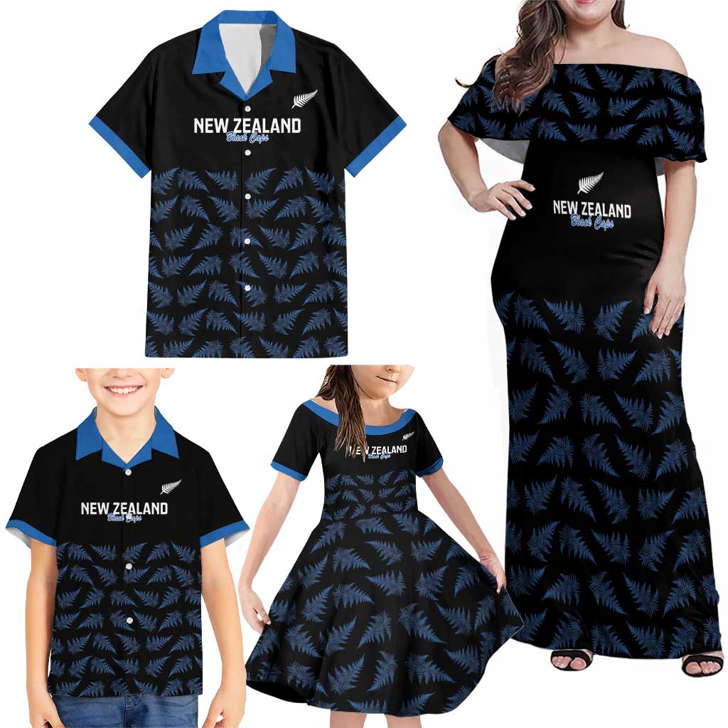 New Zealand Silver Fern Cricket Custom Family Matching Off Shoulder Maxi Dress and Hawaiian Shirt Black Cap T20 Version - Polynesian Pride