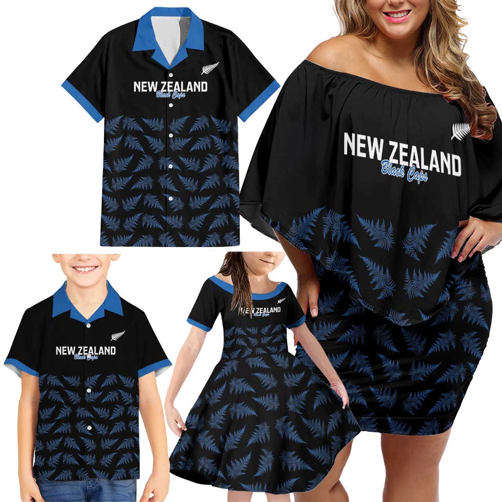 New Zealand Silver Fern Cricket Custom Family Matching Off Shoulder Short Dress and Hawaiian Shirt Black Cap T20 Version LT14 - Polynesian Pride