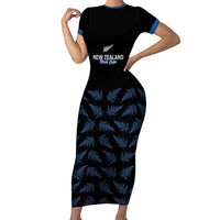 New Zealand Silver Fern Cricket Custom Family Matching Short Sleeve Bodycon Dress and Hawaiian Shirt Black Cap T20 Version LT14 Mom's Dress Black - Polynesian Pride