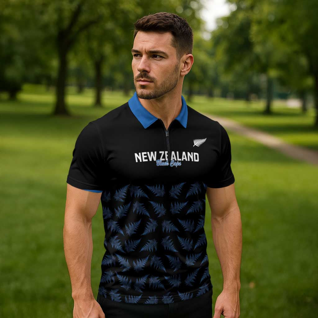 New Zealand Silver Fern Cricket Custom Zipper Polo Shirt Black Cap T20 Version - Polynesian Pride