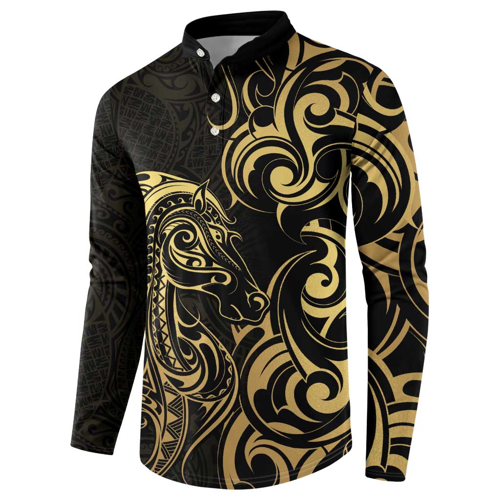 Gold And Black Aoteara Horse Racing Button Sweatshirt NZ Maori Pattern