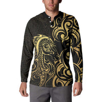 Gold And Black Aoteara Horse Racing Button Sweatshirt NZ Maori Pattern