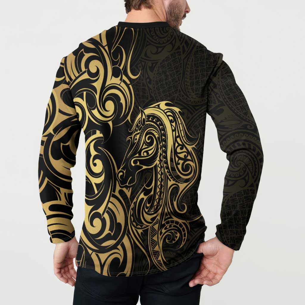 Gold And Black Aoteara Horse Racing Button Sweatshirt NZ Maori Pattern