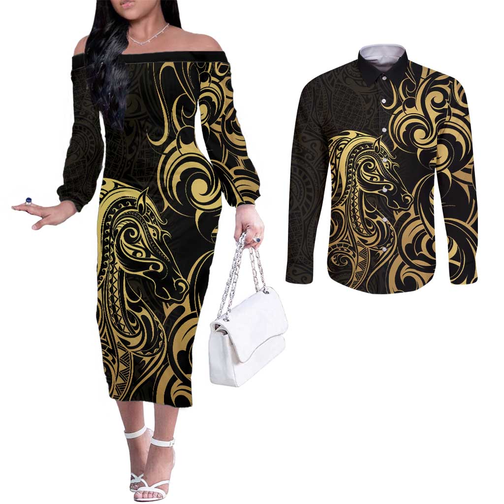 Gold And Black Aoteara Horse Racing Couples Matching Off The Shoulder Long Sleeve Dress and Long Sleeve Button Shirt NZ Maori Pattern