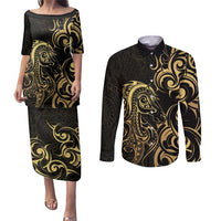Gold And Black Aoteara Horse Racing Couples Matching Puletasi and Long Sleeve Button Shirt NZ Maori Pattern