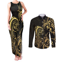 Gold And Black Aoteara Horse Racing Couples Matching Tank Maxi Dress and Long Sleeve Button Shirt NZ Maori Pattern