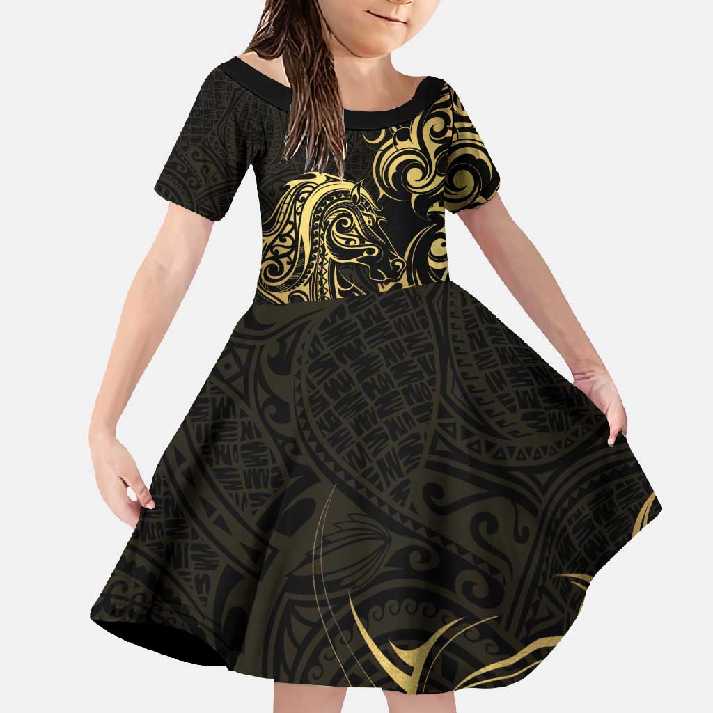 Gold And Black Aotearoa Horse Racing Family Matching Long Sleeve Bodycon Dress and Hawaiian Shirt NZ Maori Pattern LT14 Daughter's Dress Black - Polynesian Pride