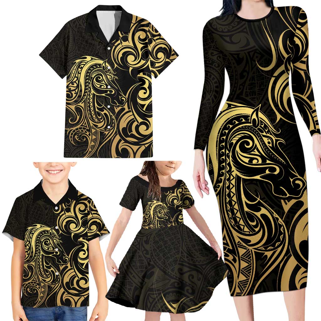 Gold And Black Aotearoa Horse Racing Family Matching Long Sleeve Bodycon Dress and Hawaiian Shirt NZ Maori Pattern LT14 - Polynesian Pride