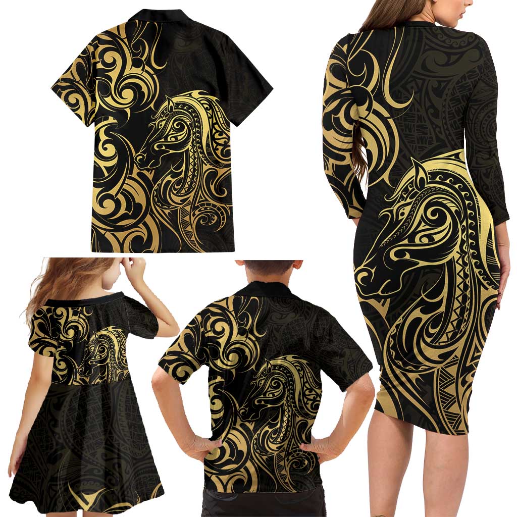 Gold And Black Aotearoa Horse Racing Family Matching Long Sleeve Bodycon Dress and Hawaiian Shirt NZ Maori Pattern LT14 - Polynesian Pride