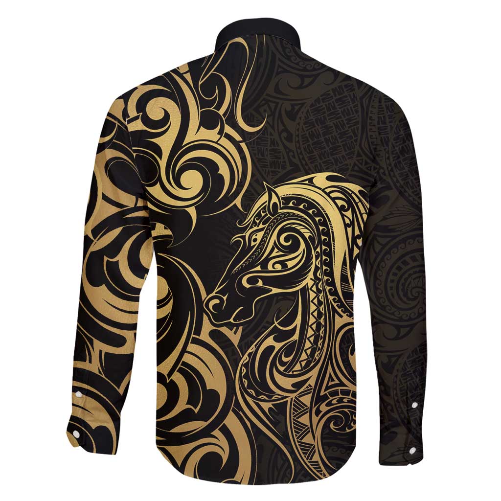 Gold And Black Aotearoa Horse Racing Family Matching Long Sleeve Bodycon Dress and Hawaiian Shirt NZ Maori Pattern LT14 - Polynesian Pride