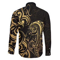 Gold And Black Aotearoa Horse Racing Family Matching Long Sleeve Bodycon Dress and Hawaiian Shirt NZ Maori Pattern LT14 - Polynesian Pride