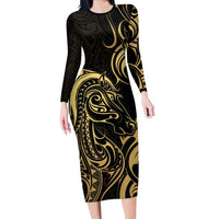 Gold And Black Aotearoa Horse Racing Family Matching Long Sleeve Bodycon Dress and Hawaiian Shirt NZ Maori Pattern LT14 Mom's Dress Black - Polynesian Pride