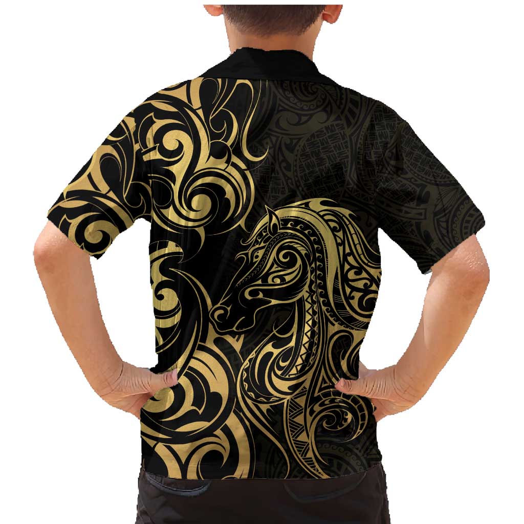 Gold And Black Aotearoa Horse Racing Family Matching Mermaid Dress and Hawaiian Shirt NZ Maori Pattern LT14 - Polynesian Pride