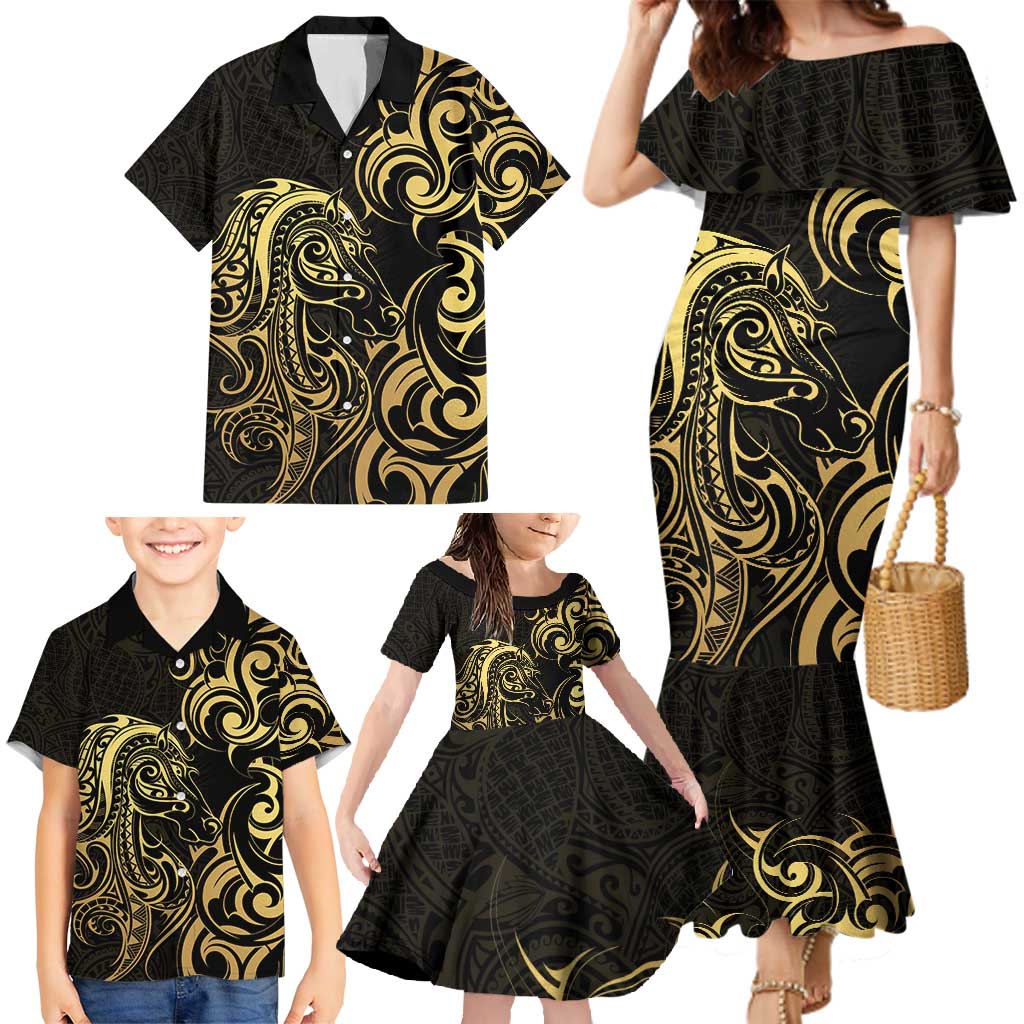 Gold And Black Aotearoa Horse Racing Family Matching Mermaid Dress and Hawaiian Shirt NZ Maori Pattern LT14 - Polynesian Pride