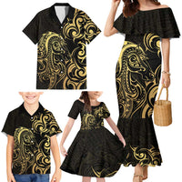 Gold And Black Aotearoa Horse Racing Family Matching Mermaid Dress and Hawaiian Shirt NZ Maori Pattern LT14 - Polynesian Pride