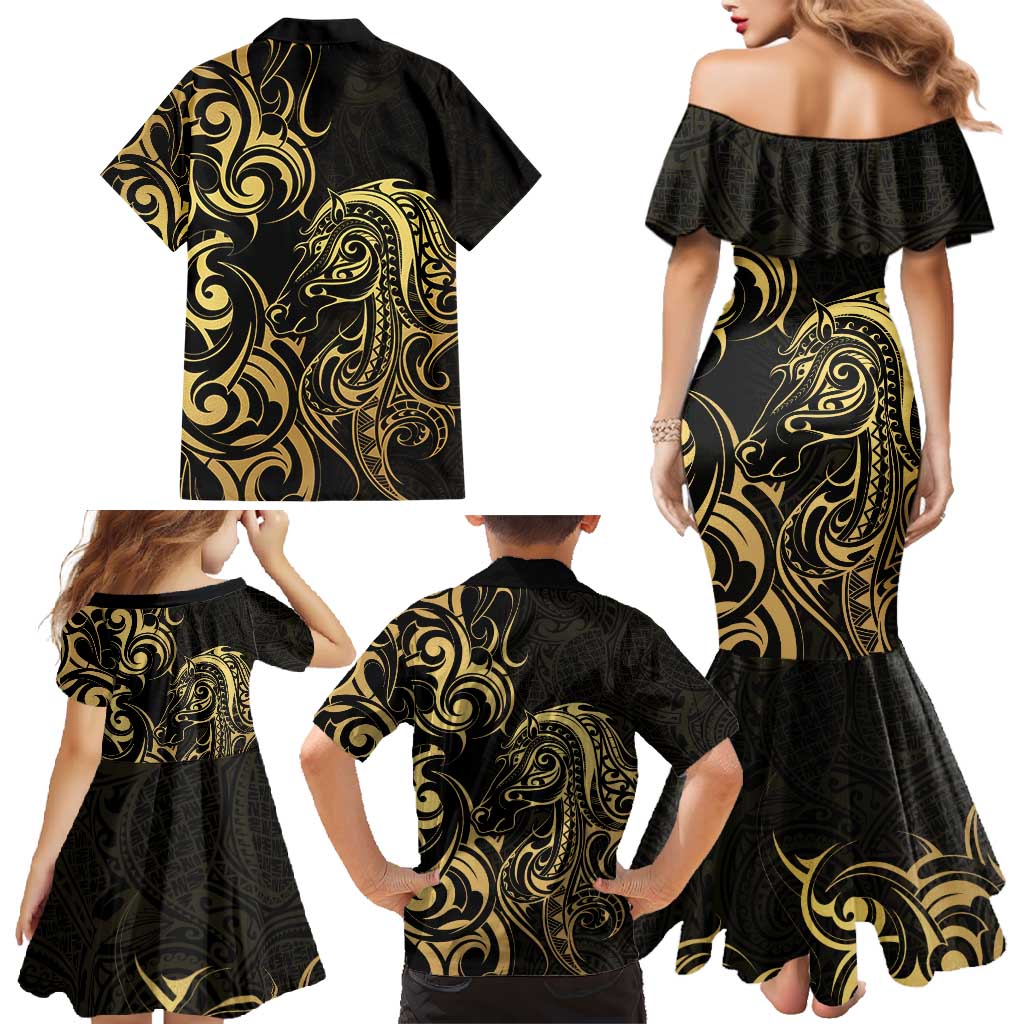 Gold And Black Aotearoa Horse Racing Family Matching Mermaid Dress and Hawaiian Shirt NZ Maori Pattern LT14 - Polynesian Pride