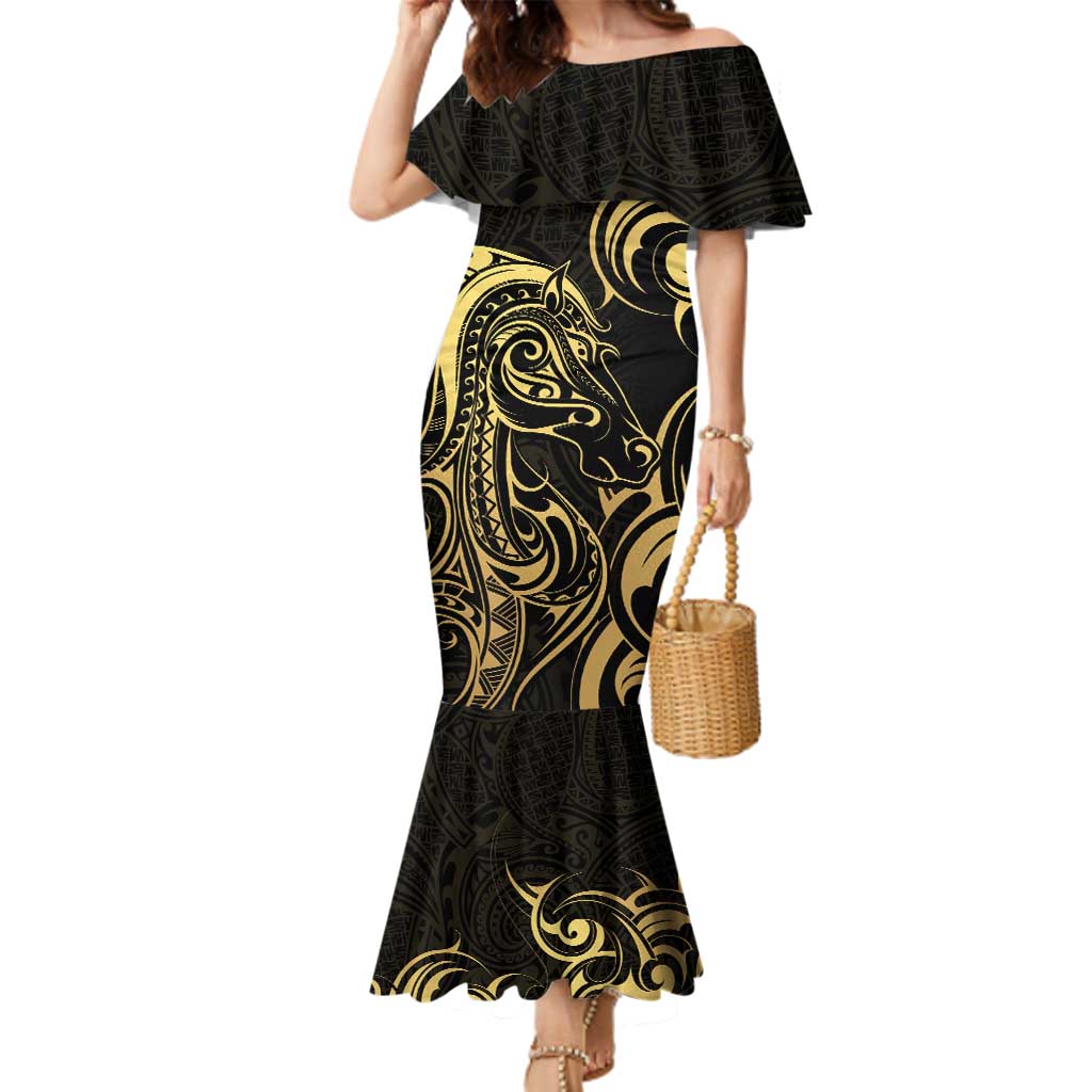 Gold And Black Aotearoa Horse Racing Family Matching Mermaid Dress and Hawaiian Shirt NZ Maori Pattern LT14 Mom's Dress Black - Polynesian Pride