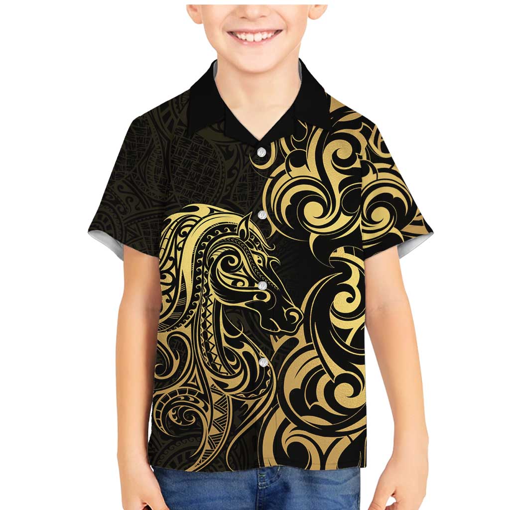 Gold And Black Aotearoa Horse Racing Family Matching Mermaid Dress and Hawaiian Shirt NZ Maori Pattern LT14 Son's Shirt Black - Polynesian Pride