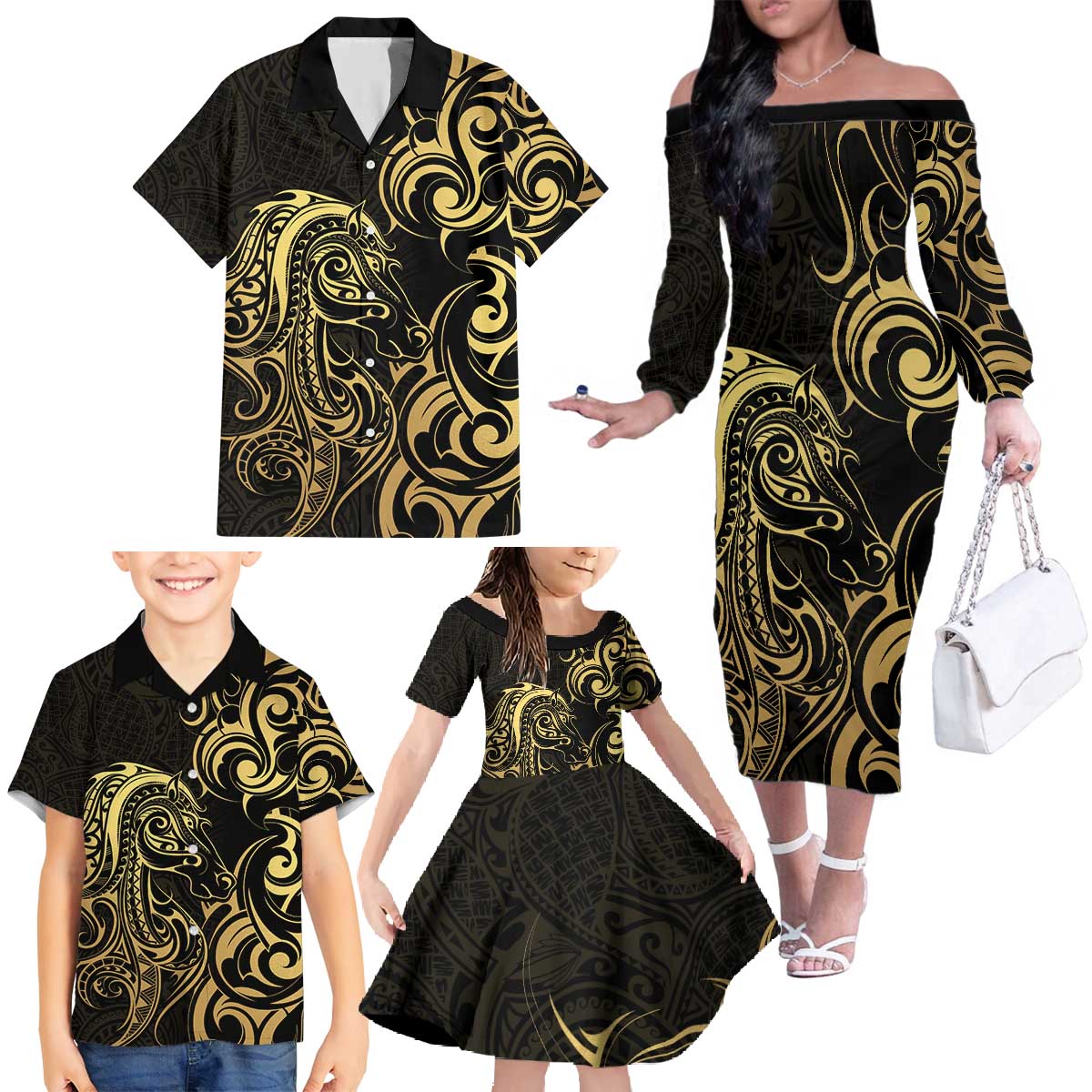 Gold And Black Aotearoa Horse Racing Family Matching Off The Shoulder Long Sleeve Dress and Hawaiian Shirt NZ Maori Pattern LT14 - Polynesian Pride