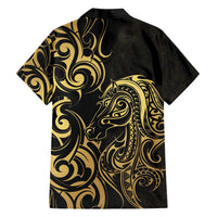 Gold And Black Aotearoa Horse Racing Family Matching Off The Shoulder Long Sleeve Dress and Hawaiian Shirt NZ Maori Pattern LT14 - Polynesian Pride