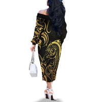 Gold And Black Aotearoa Horse Racing Family Matching Off The Shoulder Long Sleeve Dress and Hawaiian Shirt NZ Maori Pattern LT14 - Polynesian Pride