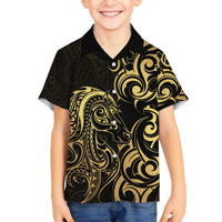Gold And Black Aotearoa Horse Racing Family Matching Off The Shoulder Long Sleeve Dress and Hawaiian Shirt NZ Maori Pattern LT14 Son's Shirt Black - Polynesian Pride