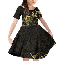 Gold And Black Aotearoa Horse Racing Family Matching Off Shoulder Short Dress and Hawaiian Shirt NZ Maori Pattern LT14 Daughter's Dress Black - Polynesian Pride