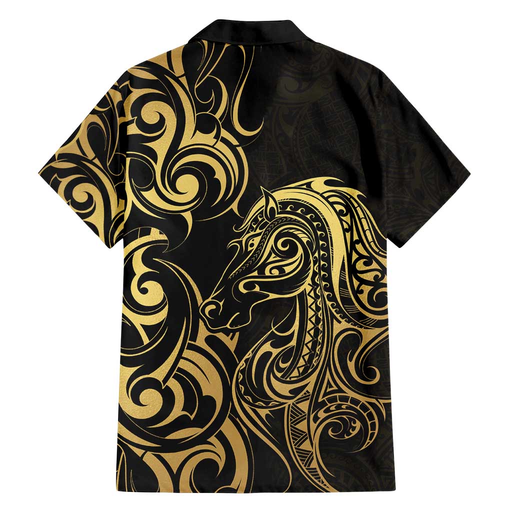Gold And Black Aotearoa Horse Racing Family Matching Off Shoulder Short Dress and Hawaiian Shirt NZ Maori Pattern LT14 - Polynesian Pride