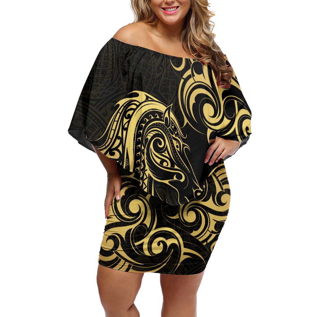 Gold And Black Aotearoa Horse Racing Family Matching Off Shoulder Short Dress and Hawaiian Shirt NZ Maori Pattern LT14 Mom's Dress Black - Polynesian Pride