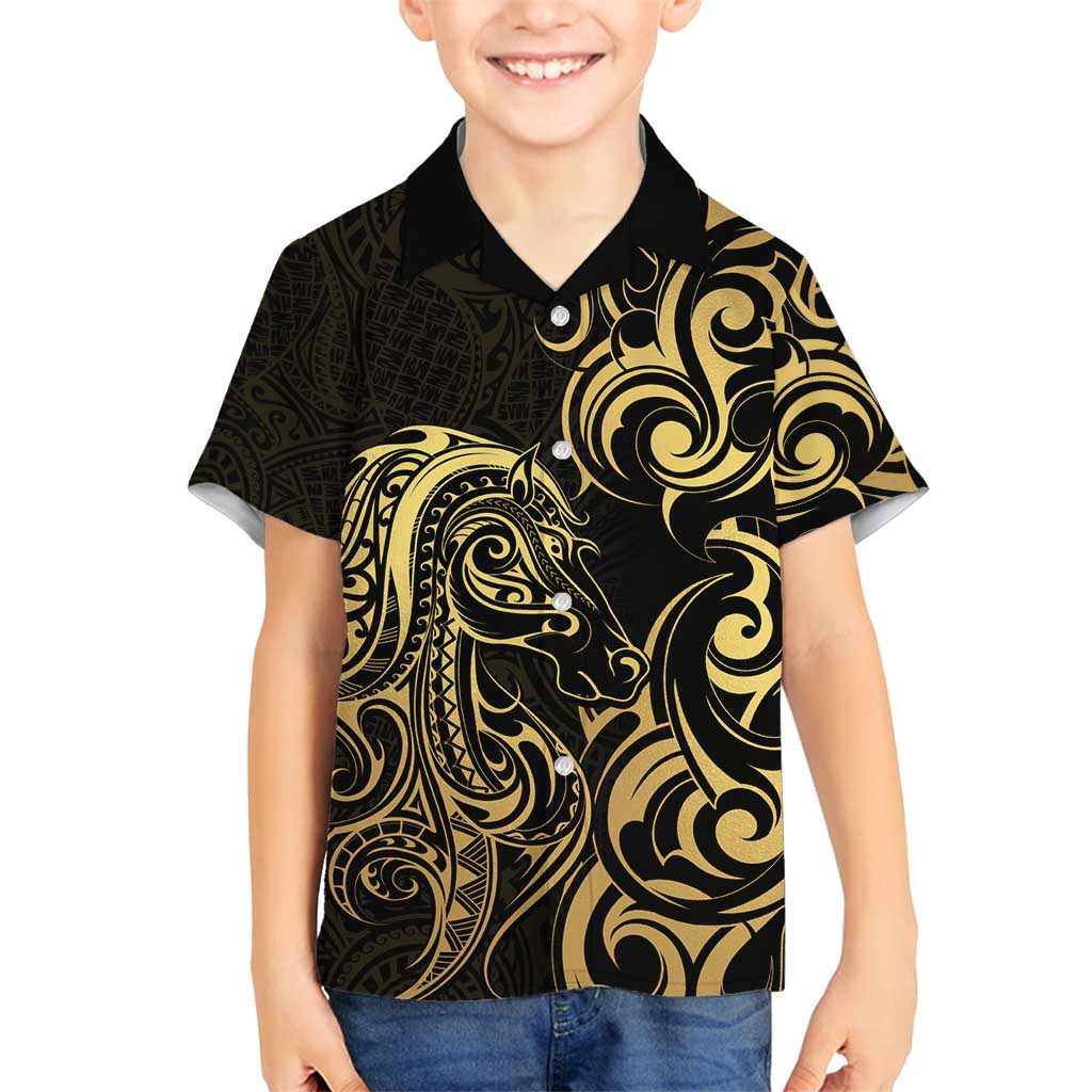 Gold And Black Aotearoa Horse Racing Family Matching Off Shoulder Short Dress and Hawaiian Shirt NZ Maori Pattern LT14 Son's Shirt Black - Polynesian Pride