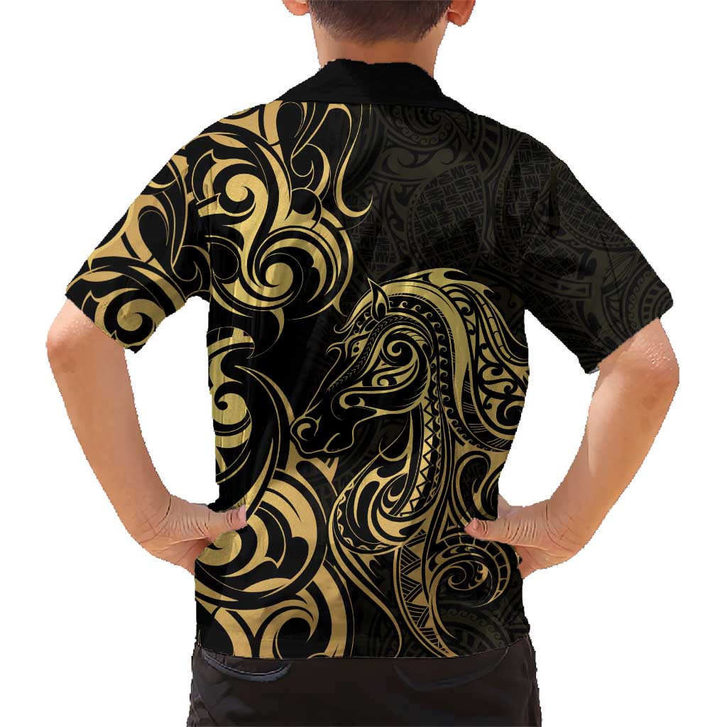 Gold And Black Aotearoa Horse Racing Family Matching Short Sleeve Bodycon Dress and Hawaiian Shirt NZ Maori Pattern LT14 - Polynesian Pride