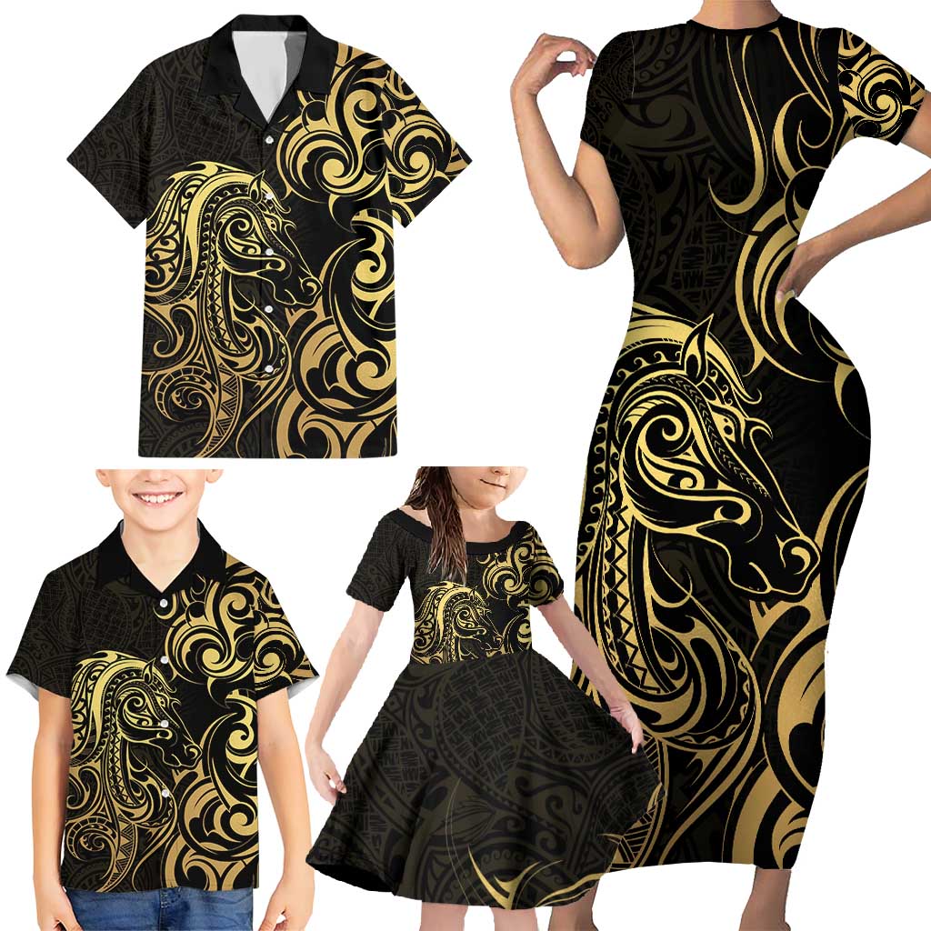 Gold And Black Aotearoa Horse Racing Family Matching Short Sleeve Bodycon Dress and Hawaiian Shirt NZ Maori Pattern LT14 - Polynesian Pride