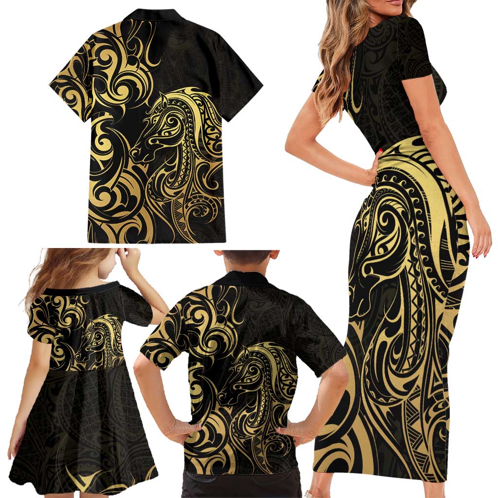 Gold And Black Aotearoa Horse Racing Family Matching Short Sleeve Bodycon Dress and Hawaiian Shirt NZ Maori Pattern LT14 - Polynesian Pride