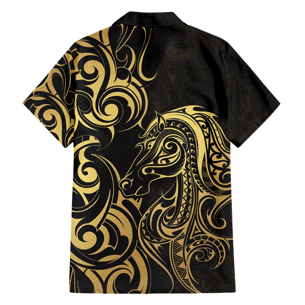 Gold And Black Aotearoa Horse Racing Family Matching Short Sleeve Bodycon Dress and Hawaiian Shirt NZ Maori Pattern LT14 - Polynesian Pride
