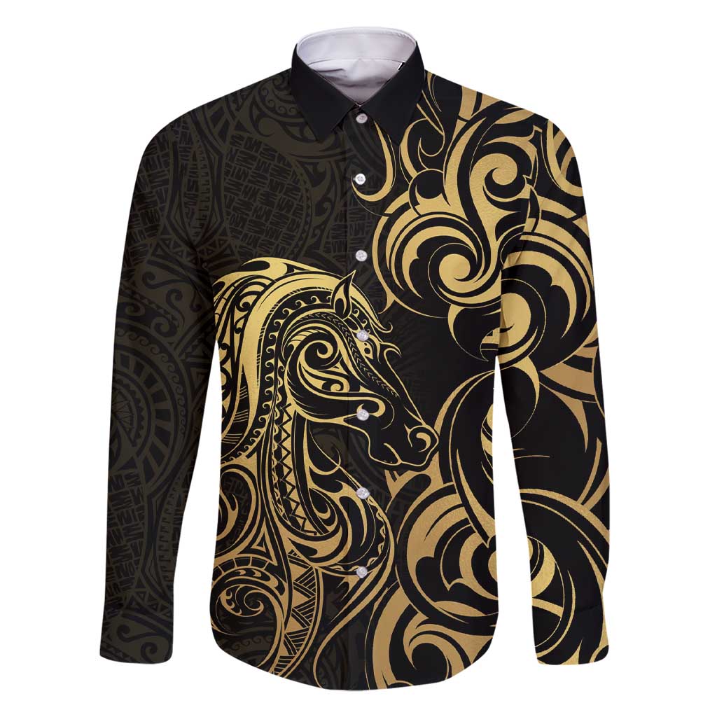 Gold And Black Aotearoa Horse Racing Family Matching Short Sleeve Bodycon Dress and Hawaiian Shirt NZ Maori Pattern LT14 Dad's Shirt - Long Sleeve Black - Polynesian Pride