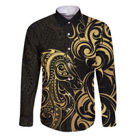 Gold And Black Aotearoa Horse Racing Family Matching Short Sleeve Bodycon Dress and Hawaiian Shirt NZ Maori Pattern LT14 Dad's Shirt - Long Sleeve Black - Polynesian Pride