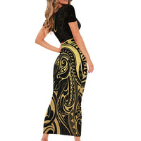 Gold And Black Aotearoa Horse Racing Family Matching Short Sleeve Bodycon Dress and Hawaiian Shirt NZ Maori Pattern LT14 - Polynesian Pride